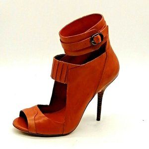 Leon Max Womens Essay High Heels Orange Leather Buckle Ankle Strap 7.5M NEW
